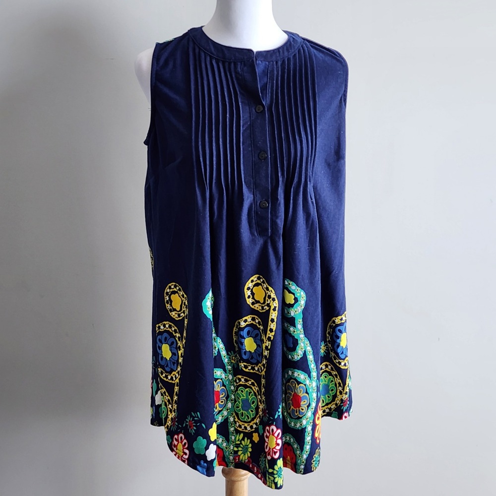 Reborn Tunic Top Womens Medium Blue Floral Pleated Sleeveless Boho Casual